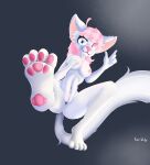  abs anthro big_breasts breast_grab breasts canid canine canis feet female foot_focus fur genitals hair hand_on_breast hi_res mammal pink_hair pink_nose pussy simple_background solo squibbly white_body white_fur wolf 