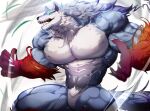  abs anthro big_muscles blue_body blue_fur campfire_cooking_in_another_world_with_my_absurd_skill canid canine canis featureless_crotch fel_(fenrir) fluffy fluffy_chest fluffy_fur fur green_eyes hi_res magangz male mammal muscular muscular_anthro muscular_male red_body red_fur solo tuft white_body white_fur wolf 