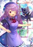  1girl :d ;d animal apron bat_(animal) black_dress blue_eyes blurry blurry_background bow breasts brooch collared_dress commentary_request day depth_of_field dress fangs flower frilled_apron frilled_dress frills grey_headwear indie_virtual_youtuber jewelry kou_hiyoyo long_hair looking_at_viewer maid maid_apron maid_headdress one_eye_closed petals puffy_short_sleeves puffy_sleeves purple_apron purple_hair red_bow red_eyes rose rose_petals short_sleeves small_breasts smile solo swept_bangs very_long_hair villainess_belle_curie virtual_youtuber white_flower white_rose window 