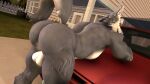  3d_(artwork) anthro balls bent_over big_butt bubble_butt butt canid canine canis car digital_media_(artwork) fur genitals hi_res huge_butt kyleroo looking_at_viewer male mammal muscular muscular_anthro muscular_male nude open_mouth outside petruz_(copyright) presenting presenting_hindquarters raised_tail smile solo source_filmmaker tail teeth vehicle wolf wolf_(petruz) 