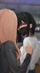  2girls anger_vein bangs black_hair black_mask black_sweater blurry blurry_background blush body_blush cafe colored_inner_hair commentary_request ear_piercing facing_away highres light_brown_hair long_sleeves looking_at_another mask mouth_mask multicolored_hair multiple_girls multiple_piercings noyama_(noyama8888) original piercing pink_hair red_eyes school_uniform shirt shirt_grab short_hair sidelocks streaked_hair sweater two-tone_hair upper_body white_shirt yuri 