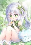  +_+ 1girl :o absurdres blush character_request chiika_(cure_cherish) commentary_request detached_sleeves dress fungi_(genshin_impact) genshin_impact green_dress green_eyes green_hair hair_ornament highres holding knees_up leaf leaf_hair_ornament long_hair looking_at_viewer multicolored_hair nahida_(genshin_impact) parted_lips partial_commentary pointy_ears side_ponytail sidelocks sitting sleeveless sleeveless_dress slime_(genshin_impact) solo two-tone_hair white_footwear white_hair 