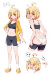  1girl ^^^ absurdres ahoge anger_vein ass back bike_shorts black_shorts black_sports_bra blonde_hair blush bob_cut breasts character_name closed_mouth clothes_pull commentary cropped_legs drawstring egg eggman_(pixiv28975023) fang flying_sweatdrops food-themed_hair_ornament frown hair_ornament hairclip hand_on_own_hip highres hood hood_down hoodie knife long_sleeves looking_at_viewer looking_back mary_janes medium_breasts medium_hair multiple_views navel open_clothes open_hoodie open_mouth original panties sharp_teeth shoes short_hair shorts shorts_pull simple_background smile socks spoon sports_bra sweat sweatdrop tamako_(eggman) teeth underwear white_background white_panties white_socks yellow_eyes yellow_footwear yellow_hoodie 