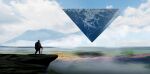  1other blue_sky cane cloud cloudy_sky commentary day field floating floating_object haru_akira highres landscape mountainous_horizon original outdoors pyramid_(geometry) scenery sky solo standing surreal symbol-only_commentary 