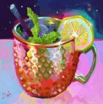  alaiganuza artist_name chromatic_aberration cocktail cup drink drinking_straw food food_focus fruit highres lemon lemon_slice mint no_humans on_table original signature sparkle table 