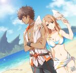  1boy 1girl beach breast_tattoo breasts brown_eyes brown_hair chest_jewel choker cropped_legs crossed_arms dark-skinned_male dark_skin eunie_(xenoblade) flower green_eyes head_wings highres hood hoodie medium_breasts official_art outdoors sarong sleeveless sleeveless_hoodie standing swimsuit taion_(xenoblade) tattoo uzumaki_(skydirt) water wings wristband xenoblade_chronicles_(series) xenoblade_chronicles_3 