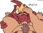  anthro belly breasts dragon duo felid flushed horn horn_grab lion male male/male mammal muscular muscular_male overweight overweight_male pantherine pov_blowjob shiningnoise size_difference 