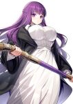  1girl black_coat blush breasts coat dress fern_(sousou_no_frieren) highres large_breasts long_hair long_sleeves looking_at_viewer off_shoulder purple_eyes purple_hair ririko_(zhuoyandesailaer) sidelocks solo sousou_no_frieren staff white_background white_dress 