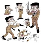  ... 2boys anger_vein banana_peel buttons clenched_teeth crossed_arms cup cushion eating evil_smile fleeing flying_sweatdrops formal garara382 highres holding holding_cup holding_knife holding_weapon jacket knife looking_back male_focus matsuno_osomatsu multiple_boys multiple_views nervous osomatsu-kun pants parody plaid plaid_coat plaid_jacket plaid_pants profile sharp_teeth smile smoking squid style_parody suit teeth tougou_(osomatsu-kun) tripping weapon wide-eyed zabuton 