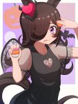  1girl animal_ears black_dress black_wings brown_hair closed_mouth clothing_cutout commentary cupcake dress fake_wings food food_on_face hair_ornament hair_over_one_eye halloween halloween_costume heart heart_cutout heart_hair_ornament highres hokuyukis holding holding_food horse_ears horse_girl horse_tail jack-o&#039;-lantern licking_lips long_hair looking_at_viewer pleated_dress purple_eyes rice_shower_(umamusume) see-through see-through_sleeves short_sleeves smile solo standing tail tongue tongue_out umamusume wings 