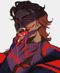  1boy artist_name blood blood_from_mouth blood_on_face blood_on_hands blue_bodysuit bodysuit brown_hair chromatic_aberration colored_sclera dark-skinned_male dark_skin english_commentary fangs film_grain hair_slicked_back hand_on_own_chin highres labyeha male_focus marvel miguel_o&#039;hara open_mouth red_bodysuit red_eyes red_sclera short_hair signature simple_background slit_pupils solo spider-man:_across_the_spider-verse spider-man_(2099) spider-man_(series) thick_eyebrows two-tone_bodysuit white_background 