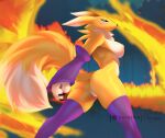  anthro armwear bandai_namco blue_eyes breasts butt clothing digimon digimon_(species) female fire fur hi_res legwear looking_at_viewer looking_back purrynx renamon seductive solo white_breasts yellow_body yellow_fur 