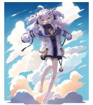  1girl ahoge barefoot black_bra blue_sky border bra breasts cleavage_cutout clothing_cutout cloud dress gradient_hair grey_hair hair_ornament hair_ribbon hairpin henya_the_genius highres jacket jiang_shennong long_bangs long_hair looking_at_viewer multicolored_hair open_mouth purple_dress purple_hair purple_jacket purple_ribbon ribbon sidelocks sky sleeveless sleeveless_dress small_breasts smile solo teeth two_side_up underwear upper_teeth_only virtual_youtuber vshojo white_border yellow_eyes zipper zipper_pull_tab 