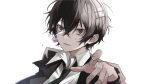  1boy absurdres bandage_on_face bandage_on_hair bandages black_hair black_jacket black_necktie black_suit bungou_stray_dogs dazai_osamu_(bungou_stray_dogs) flying_sweatdrops formal hair_between_eyes highres jacket long_sleeves looking_at_viewer male_focus necktie open_clothes open_jacket open_mouth pointing pointing_at_viewer red_eyes shirt short_hair sidelocks simple_background solo suit surprised sweat sweatdrop upper_body user_wjpu7573 white_background white_shirt 