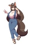  anthro big_breasts blush breasts brown_hair canid canine canis clenched_teeth clothing domestic_dog feet female footwear full-length_portrait gesture hair huge_breasts komenuka_inaho long_hair looking_at_viewer mammal mohuko_(komenuka_inaho) portrait sandals smile solo standing suspenders teeth v_sign 