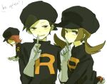  1girl 2boys baseball_cap black_headwear brown_eyes brown_hair english_text ethan_(pokemon) finger_to_mouth gloves hat light_smile lyra_(pokemon) multiple_boys poke_ball pokemon red_hair shushing silver_(pokemon) team_rocket team_rocket_uniform tomtomjm 