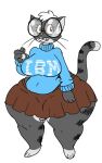  anthro big_breasts bottom_heavy bottomwear braces breasts brown_eyes cathy_(vdisco) clothed clothing domestic_cat eyewear felid feline felis female fully_clothed fur glasses grey_body grey_fur hair hi_res mammal raised_tail simple_background skirt solo standing striped_body striped_fur stripes sweater tail thick_thighs topwear vdisco whiskers white_background white_hair wide_hips 