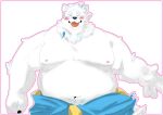  anthro bandage blep blush canid canine canis clothed clothing eyes_closed fur hi_res jumpsuit lifewonders live_a_hero male mammal moobs mtkm_sgkm1101 navel nipples overweight simple_background solo tongue tongue_out topknot topless white_background white_body white_fur wolf yohack 