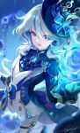  1girl :d absurdres blue_bow blue_eyes blue_fire bow brooch fire furina_(genshin_impact) gem genshin_impact gloves hair_between_eyes hat highres jewelry lizchief long_sleeves looking_at_viewer magic open_mouth orb signature smile solo 