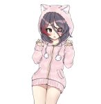  1girl aa211108 animal_hood blush brown_eyes cat_hood claw_pose cowboy_shot embarrassed eyepatch hair_between_eyes hayasaka_mirei heart heart_eyepatch hood hood_up hoodie idolmaster idolmaster_cinderella_girls long_hoodie medium_hair multicolored_hair open_mouth pink_hoodie pom_pom_(clothes) purple_hair red_hair sketch solo streaked_hair two-tone_hair 