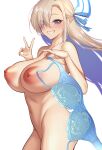  1girl absurdres asuna_(blue_archive) blue_archive blue_bra blue_eyes blue_ribbon blush bra bra_removed breasts grin hair_over_one_eye hair_ribbon halo highres large_breasts light_brown_hair long_hair looking_at_viewer navel nipples nude psychopolis ribbon smile solo thighs underwear v very_long_hair 