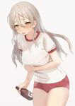  1girl alcohol blush bottle breasts brown_eyes buruma drunk grey_hair gym_shirt gym_uniform hair_between_eyes kantai_collection large_breasts long_hair looking_at_viewer pola_(kancolle) red_buruma sakieko shirt short_sleeves simple_background solo wavy_hair white_background white_shirt 