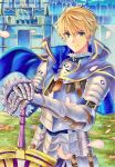  1boy armor arthur_pendragon_(fate) blonde_hair blue_cloak castle cloak day fate/grand_order fate/prototype fate_(series) faulds gauntlets grass greaves green_eyes hachi78b hands_on_hilt highres light_smile looking_at_viewer male_focus marker_(medium) outdoors pauldrons petals shoulder_armor solo sword traditional_media upper_body weapon wind 