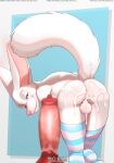  after_sex animal_genitalia animal_penis anthro anus balls bent_over big_eyes blue_eyes bodily_fluids butt canid canine canine_genitalia canine_penis clothing cum cum_drip cum_from_ass cum_in_ass cum_inside cum_on_balls cum_on_butt cum_on_penis dripping fennec fox fur genital_fluids genitals girly leg_warmers legwear looking_at_viewer male mammal milo_nettle niveus_(character) pattern_clothing pattern_legwear penis perineum pink_nose presenting presenting_hindquarters smile smiling_at_viewer solo striped_clothing striped_legwear stripes tail white_body white_fur 