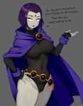  1girl belt breasts cape colored_skin covered_navel cowboy_shot dc_comics demon flowers-imh forehead_jewel grey_background grey_skin hand_on_hip highres leotard looking_at_viewer medium_breasts purple_eyes purple_hair raven_(dc) short_hair solo teen_titans thick_thighs thighs 