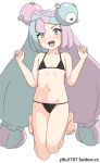  1girl :d absurdres barefoot bikini black_bikini blush bow-shaped_hair character_hair_ornament collarbone eyelashes flat_chest green_hair hair_ornament hands_up highres iono_(pokemon) long_hair multicolored_hair navel open_mouth pink_hair pokemon pokemon_(game) pokemon_sv smile solo swimsuit teeth toes tongue twintails two-tone_hair upper_teeth_only w_arms web_address yiku1707 