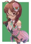  1girl akizuki_ritsuko antenna_hair black_gloves blush border braid breasts brown_eyes brown_hair cleavage closed_mouth commentary_request detached_collar dress glasses gloves green_background hat highres idol idol_clothes idolmaster idolmaster_million_live! looking_at_viewer mini_hat semi-rimless_eyewear shuucream_(syuichi) simple_background solo striped striped_dress twin_braids vertical-striped_dress vertical_stripes white_border 