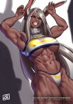  1girl :d abs animal_ears armpits arms_up bare_shoulders boku_no_hero_academia breasts collarbone covered_nipples crescent_print dark-skinned_female dark_skin fur_collar hair_between_eyes highleg highleg_panties highres large_breasts logo long_eyelashes long_hair looking_at_viewer mirko muscular muscular_female navel panties patreon_username phoebus_art rabbit_ears rabbit_girl rabbit_pose red_eyes shadow smile solo sports_bra stomach teeth thick_thighs thighs underboob underwear white_hair white_panties white_sports_bra 