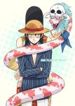  1boy 1girl akuhaku alternate_costume animal back-to-back bad_id bad_pixiv_id bare_shoulders black_eyes black_hair boa_hancock closed_mouth crossed_arms english_text fangs forked_tongue from_behind hat height_difference long_hair long_sleeves monkey_d._luffy one_piece open_mouth salome_(one_piece) scar scar_on_cheek scar_on_face short_hair skull snake standing straw_hat tongue tongue_out 