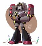  absurdres artist_name colored_sclera decepticon deformed drill english_commentary flower full_body hand_on_own_arm highres kusa_(kusakichan15) looking_at_viewer mecha megatron purple_flower red_eyes red_sclera robot smile solo standing transformers transformers_animated 