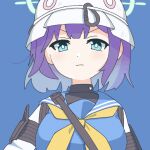  1girl blue_archive blue_background blue_eyes blue_hair blue_sailor_collar boku_(fmku3244) closed_mouth colored_inner_hair commentary_request green_halo halo helmet looking_at_viewer multicolored_hair neckerchief purple_hair sailor_collar saki_(blue_archive) short_hair simple_background two-tone_hair upper_body white_headwear yellow_neckerchief 