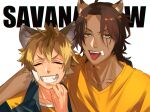  2boys animal_ears arm_around_shoulder bandage_on_face bandages closed_eyes facing_viewer green_eyes grin hyena_ears leona_kingscholar lion_ears looking_at_viewer male_focus mirin_(coene65) multiple_boys ruggie_bucchi scar scar_across_eye shirt slit_pupils smile teeth tongue tongue_out twisted_wonderland white_background yellow_shirt 