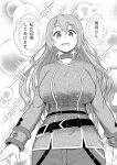  1girl belt breasts choker cowboy_shot dungeon_tou_de_yadoya_wo_yarou greyscale highres jacket large_breasts long_hair long_sleeves looking_at_viewer military military_uniform monochrome pants sheryl_(dungeon_tou_de_yadoya_wo_yarou) smile solo uniform yuuki_shin&#039;ichi 