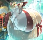  anthro asian_clothing belly big_belly big_breasts black_nose blush bowl breasts canid canine clothing container detailed_background drinking east_asian_clothing female fox fur holding_bowl holding_container holding_object huge_breasts hyper hyper_belly hyper_breasts japanese_clothing japanese_text kemono kimono mammal obese obese_anthro obese_female overweight overweight_anthro overweight_female pink_eyes solo text utsuki_maito water wet wet_body wet_fur 