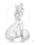  2023 anthro beata_(beatadalhagen) bedroom_eyes breasts female flinters fluffy fluffy_tail genitals greyscale hair head_wings hi_res long_hair long_tail looking_at_viewer looking_back looking_back_at_viewer mammal mink monochrome mustelid musteline narrowed_eyes nipples nude pussy rear_view seductive solo tail true_musteline wings 