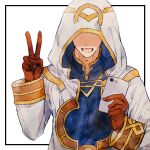  1boy cellphone cloak faceless faceless_male fire_emblem fire_emblem_heroes holding holding_phone hood hood_up hooded_cloak kiran_(fire_emblem) kiran_(male)_(fire_emblem) open_mouth phone shourou_kanna smile solo upper_body v 