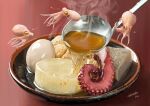  absurdres dated food food_focus gradient_background highres ladle no_humans octopus oden original plate red_background signature steam suction_cups tainosuke translation_request 