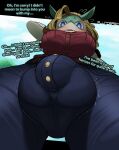  absurd_res anthro big_breasts big_bulge blush breasts bulge clothed clothing dialogue embarrassed english_text fangs gynomorph hair head_accessory hi_res intersex ippan_josei looking_at_viewer low-angle_view my_hero_academia open_mouth plundered solo talking_to_viewer teeth text unknown_species 