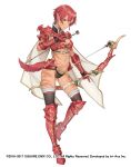  1girl armor arrow_(projectile) bikini_armor bow_(weapon) breasts closed_mouth earrings facial_mark full_body gloves holding holding_arrow holding_bow_(weapon) holding_weapon jewelry looking_at_viewer macco official_art pauldrons phia_mell pointy_ears red_eyes red_hair short_hair shoulder_armor simple_background solo square_enix star_ocean star_ocean_anamnesis star_ocean_first_departure tail weapon white_background 