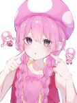  1girl braid commentary highres humanization long_hair mario_(series) pink_eyes pink_hair pink_headwear pointing pointing_at_self r_aa3n simple_background sleeveless solo super_mario_maker toadette twin_braids white_background 