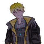  1boy black_jacket blonde_hair blood blood_on_face blue_eyes bulletproof_vest chi_ri collared_shirt gradient_hair grey_shirt hair_between_eyes highres jacket male_focus multicolored_hair nijisanji nijisanji_en open_clothes open_jacket shirt smile solo sonny_brisko sonny_brisko_(1st_costume) virtual_youtuber white_hair 