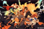  4boys abs alca_(wakatanka4) alca_the_lion alternate_weapon animal_ears armlet bara bare_pectorals beard beenic black_hair blue_cape cape dog_boy dual_wielding facial_hair fiery_headphones fire flame-tipped_tail flaming_sword flaming_weapon full_body furry furry_male grey_fur gun gyee highres holding holding_gun holding_weapon jaguar_boy large_pectorals leg_wrap lion_boy lion_ears lion_tail mature_male multiple_boys muscular muscular_male navel nipple_piercing nipple_rings nipples original pants pectorals piercing pyrokinesis romg romg_the_jaguar running short_hair stomach tail thick_eyebrows thick_thighs thighs track_pants uutiger weapon zixiong_zix 