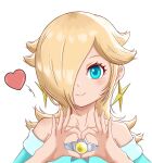  1girl bare_shoulders blonde_hair blue_dress blue_eyes brooch collarbone dress earrings finger_heart hair_over_one_eye highres jewelry long_hair long_sleeves mario_(series) off-shoulder_dress off_shoulder rosalina solo star_(symbol) star_brooch star_earrings yass_8mk 