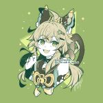  1girl :d ahoge animal_ear_fluff animal_ears bare_shoulders brown_hair cat_ears commentary_request cropped_torso fang genshin_impact green_background green_eyes green_theme hair_ornament hairclip hand_up kirara_(genshin_impact) long_hair looking_at_viewer open_mouth sandragh simple_background smile solo upper_body 