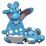  :3 animal_ears azumarill azurill blacknirrow commentary english_commentary evolutionary_line full_body marill mouse_ears no_humans open_mouth pokemon pokemon_(creature) simple_background sitting sitting_on_person smile tail white_background 