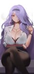  1girl absurdres alternate_costume arm_under_breasts black_skirt black_wristband bra bra_visible_through_clothes breasts business_suit camilla_(fire_emblem) choker cigarette cleavage commission contemporary crossed_legs dress_shirt fire_emblem fire_emblem_fates formal hair_over_one_eye headband high-waist_skirt highres holding holding_cigarette huge_breasts jewelry lingerie lips long_hair long_sleeves looking_at_viewer mature_female necklace nose office_lady open_mouth pantyhose partially_unbuttoned pencil_skirt purple_eyes purple_hair red_eyes shirt simple_background sitting skirt sleeves_rolled_up smoke smoking solo suit tasgun thick_thighs thighs underwear very_long_hair wavy_hair white_shirt yohu08 
